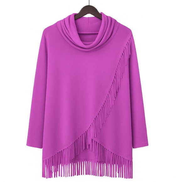 XL Purple Fringe Cowl Neck Sweater – Cozy Acrylic Knit Boutique Pullover - Picture 1 of 3